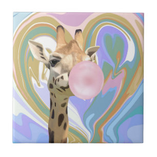 Fun Bubblegum Blowing Giraffe Liquid Swirl Blue Tile
