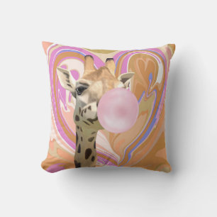 Fun Bubblegum Blowing Giraffe Liquid Swirl Orange Throw Pillow