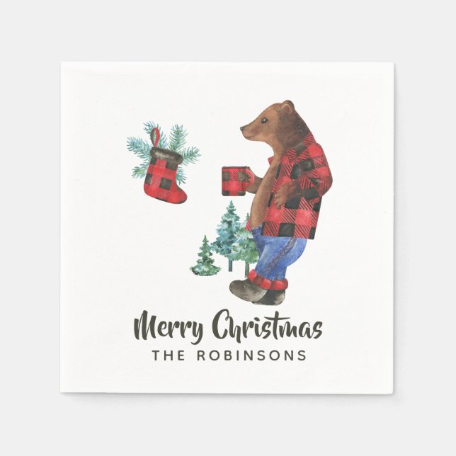 Fun Buffalo Plaid Lumberjack Bear Christmas Party Napkin (Front)