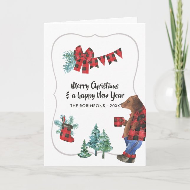 Fun Buffalo Plaid Lumberjack Bear Christmas Photo Holiday Card (Front)