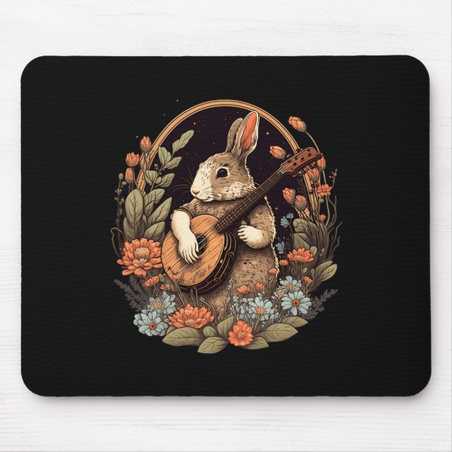 Fun Bunny Playing Banjo Guitar Music Rabbit Happy  Mouse Pad (Front)