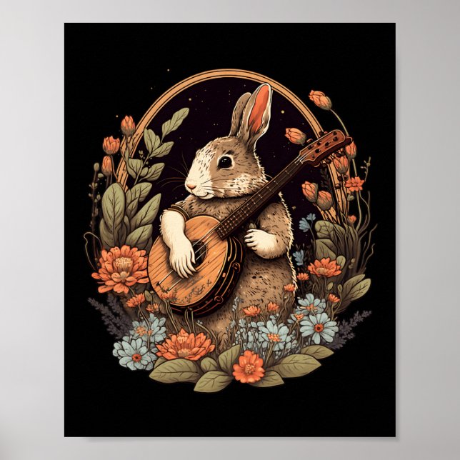 Fun Bunny Playing Banjo Guitar Music Rabbit Happy  Poster (Front)