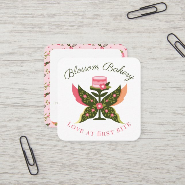 Fun Butterfly Blossom Floral Garden Bakery Cake Square Business Card (Front/Back In Situ)