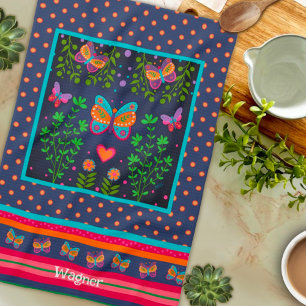 Fun Butterfly Chic Floral Stylish Custom Name Kitchen Towel