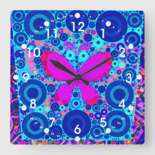 Fun Butterfly Concentric Circle Mosaic Blue Pink Square Wall Clock