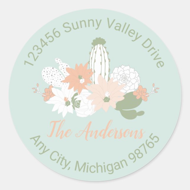 Fun Cactus Green Peach Teal Desert Plant Motifs Classic Round Sticker (Front)