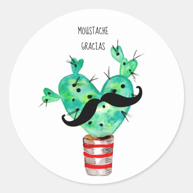 Fun Cactus Thank You Moustache Classic Round Sticker (Front)