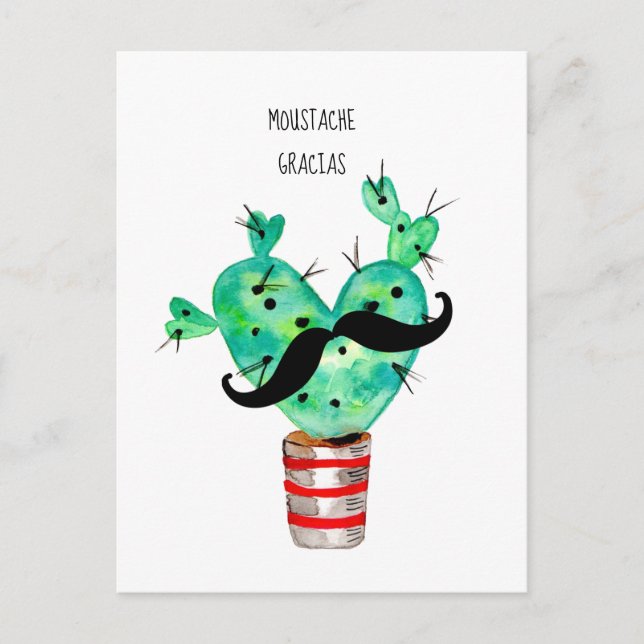 Fun Cactus Thank You Moustache Postcard (Front)