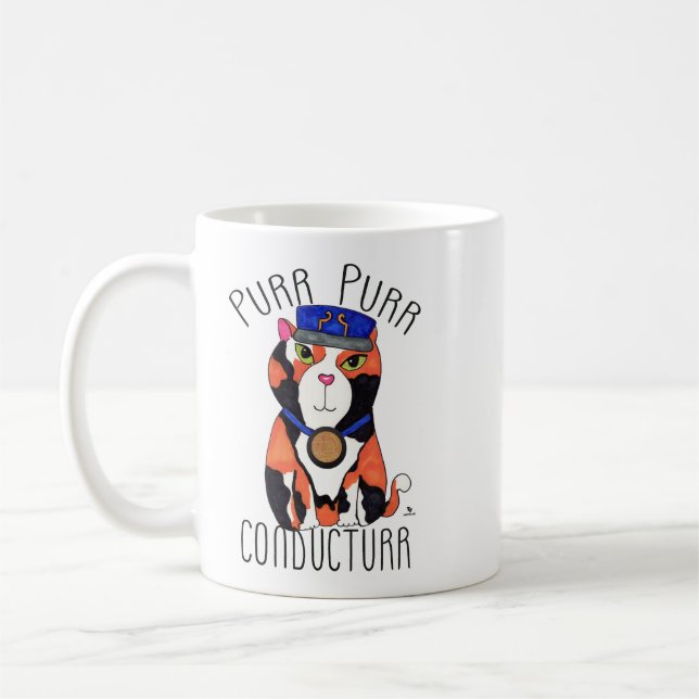 Fun Calico Cat Train Conductor Motto Cartoon Coffee Mug (Left)