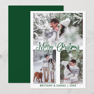 Fun Calligraphy 3 Photo Couple Christmas Green Holiday Card