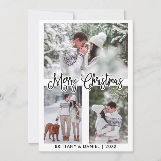 Fun Calligraphy 3 Photo Couple Christmas Holiday Card (Front)