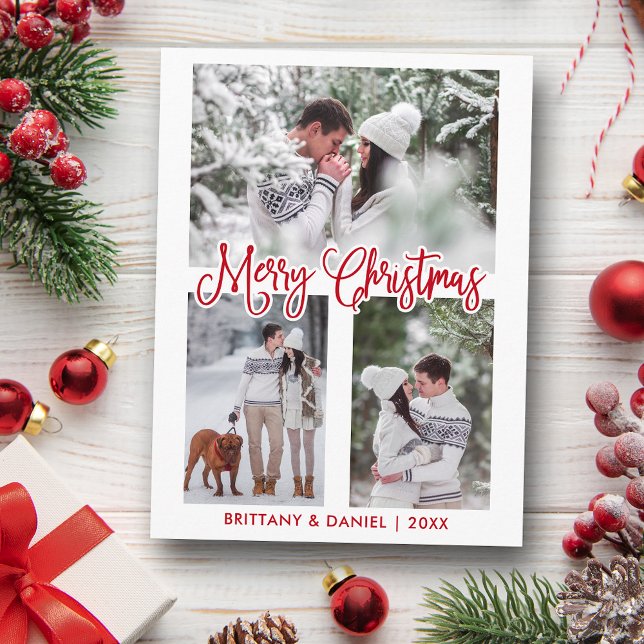 Fun Calligraphy 3 Photo Couple Christmas Red Postcard (Customize to change your personalized text size or text style.)