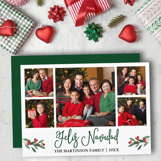 Fun Calligraphy 5 Photo Green Feliz Navidad Holiday Card (Customize to add text to back of card.)