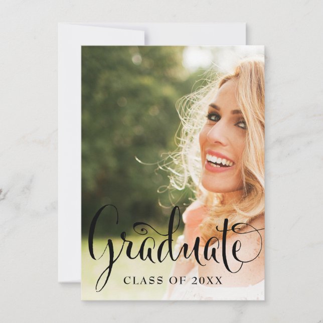 Fun Calligraphy Black and White Photo Graduation Invitation (Front)