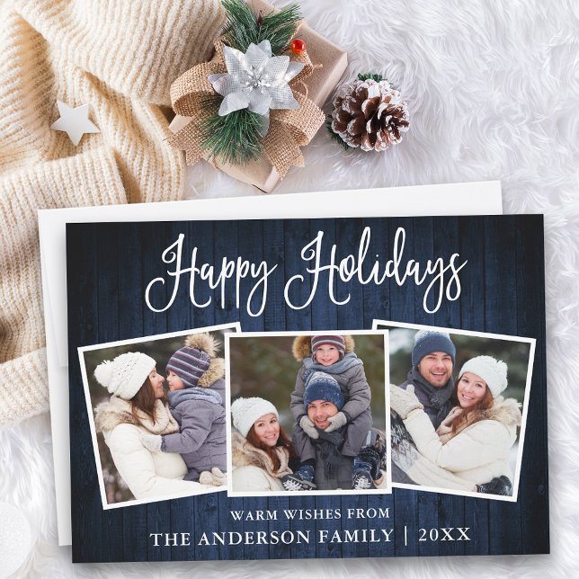 Fun Calligraphy Blue Wood 3 Photo Holiday Card (Customize to add text to back of card.)