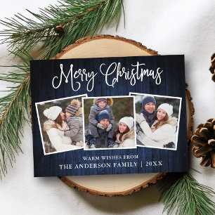 Fun Calligraphy Christmas Blue Wood 3 Photos Post Postcard