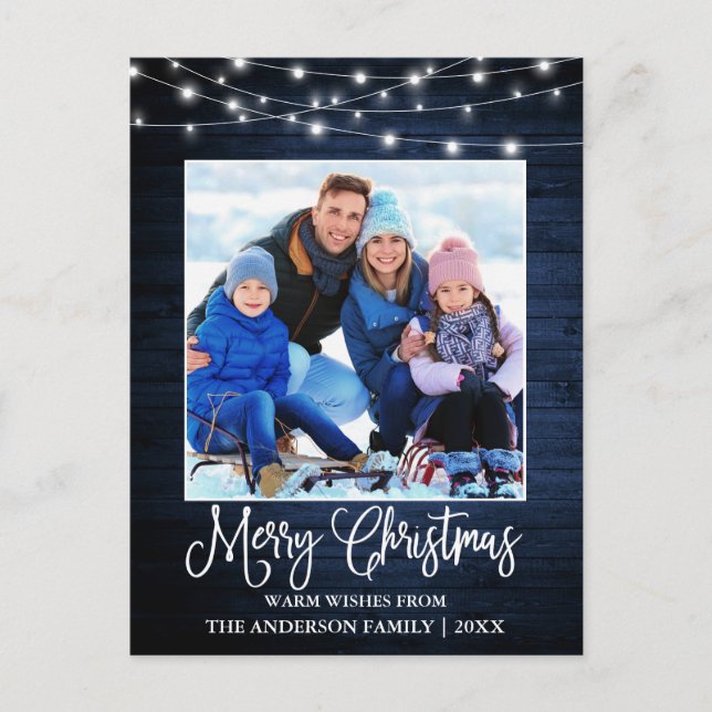 Fun Calligraphy Christmas Blue Wood Lights Postcard (Front)