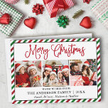 Fun Calligraphy Christmas Glitter Stripes 3 Photo Holiday Card<br><div class="desc">Modern Fun Calligraphy Script Merry Christmas 3 Photo Holiday Card - Green and Red Candy Cane Glitter Stripes - Red Script</div>