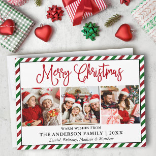 Fun Calligraphy Christmas Glitter Stripes 3 Photo Holiday Card