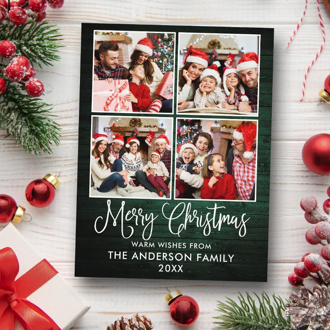 Fun Calligraphy Christmas Green Wood 4 Photo Postcard (Customize to change your personalized text size or text style.)