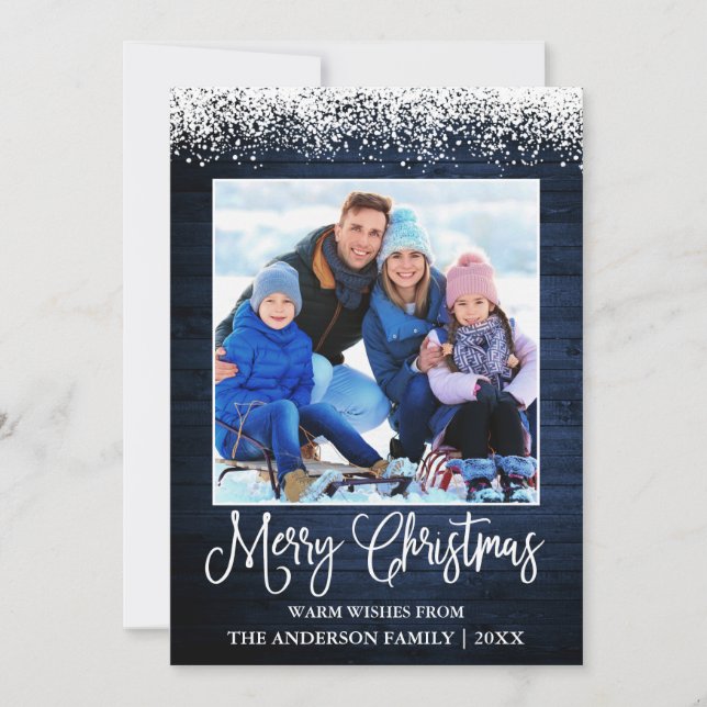 Fun Calligraphy Christmas Snow Topped Blue Wood Holiday Card (Front)