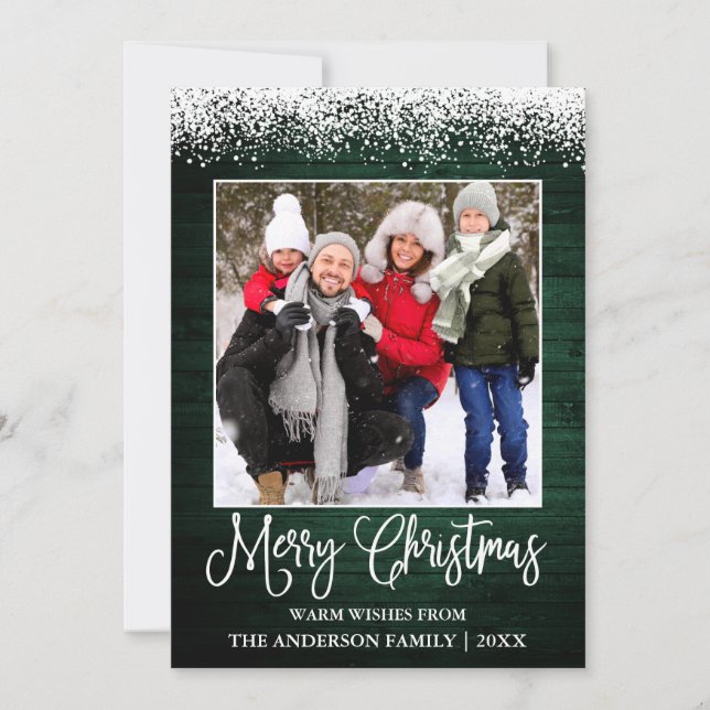 Fun Calligraphy Christmas Snow Topped Green Wood Holiday Card (Front)