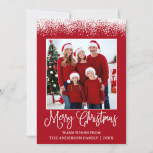 Fun Calligraphy Christmas Snow Topped Photo Red Holiday Card