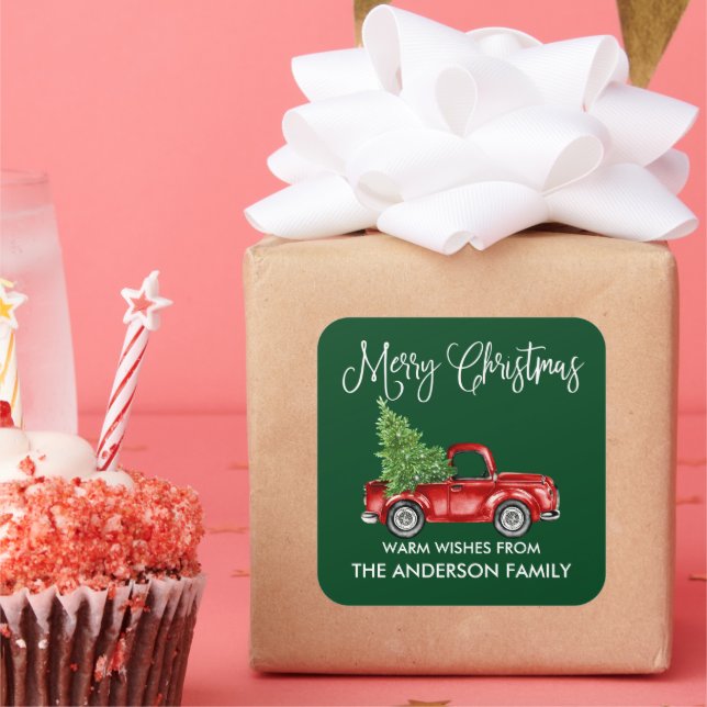 Fun Calligraphy Christmas Vintage Truck Green Square Sticker (Party)