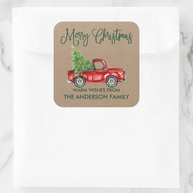 Fun Calligraphy Christmas Vintage Truck Kraft Square Sticker (Bag)