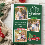 Fun Calligraphy Craft Tape Truck Christmas Green  Holiday Card<br><div class="desc">Modern Fun Calligraphy Script Merry Christmas 3 Photo Collage with Craft Tape Holiday Card. Forest Green Background. Watercolor Vintage Red Truck with Christmas Tree.</div>