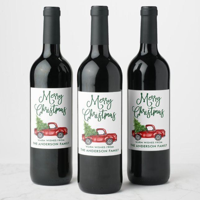 Fun Calligraphy Green Christmas Vintage Truck Wine Label (Bottles)
