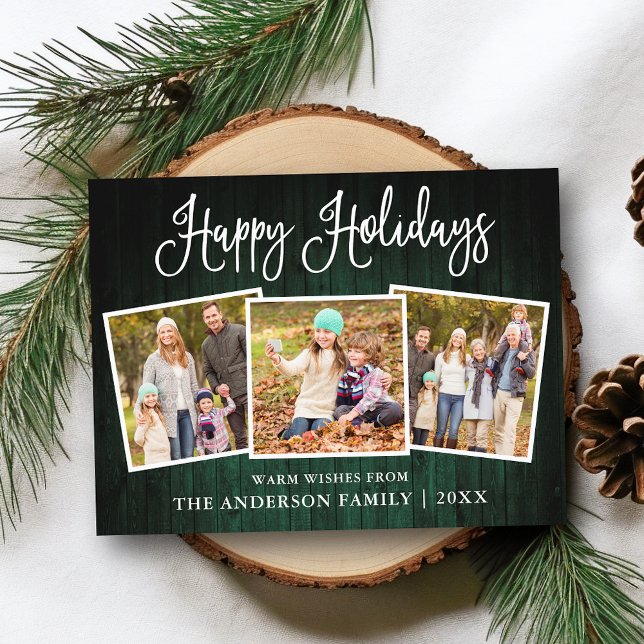 Fun Calligraphy Green Wood 3 Photo Holiday Postcard (Customize to change your personalized text size or text style.)