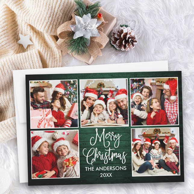 Fun Calligraphy Green Wood 5 Photo Christmas Holiday Card (Customize to add text to back of card.)
