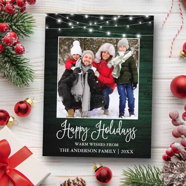 Fun Calligraphy Green Wood Lights Photo Holiday Postcard (Customize to change your personalized text size or text style.)