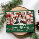 Fun Calligraphy Holly 5 Photo Happy Holidays Green Postcard<br><div class="desc">Modern Fun Calligraphy Script 5 Photo Family Photo Collage Happy Holidays Postcard includes Watercolor Christmas Holly Berries - Forest Green</div>