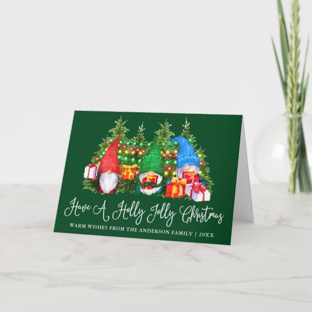 Fun Calligraphy Holly Jolly Christmas Gnomes Fold Holiday Card (Front)