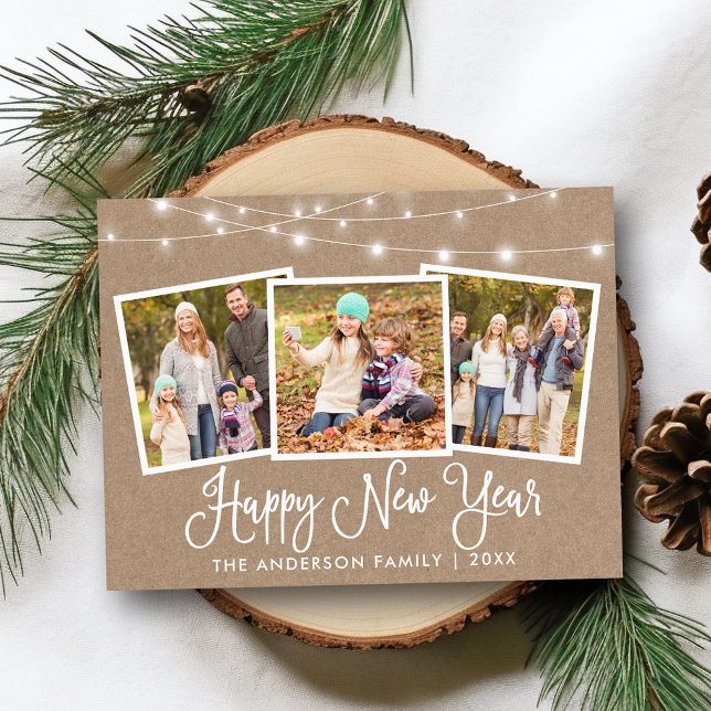 Fun Calligraphy Kraft Lights 3 Photo New Year Postcard (Customize to change your personalized text size or text style.)