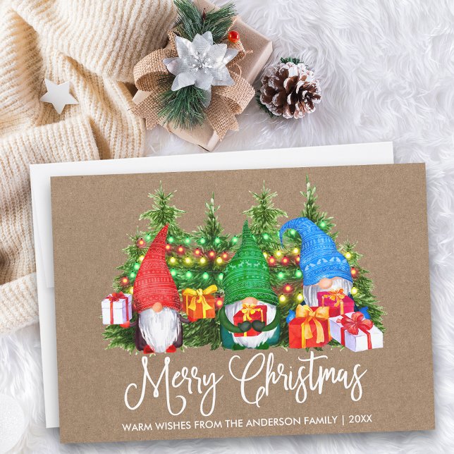 Fun Calligraphy Kraft Merry Christmas Gnomes Holiday Card (Customize to add text to back of card.)