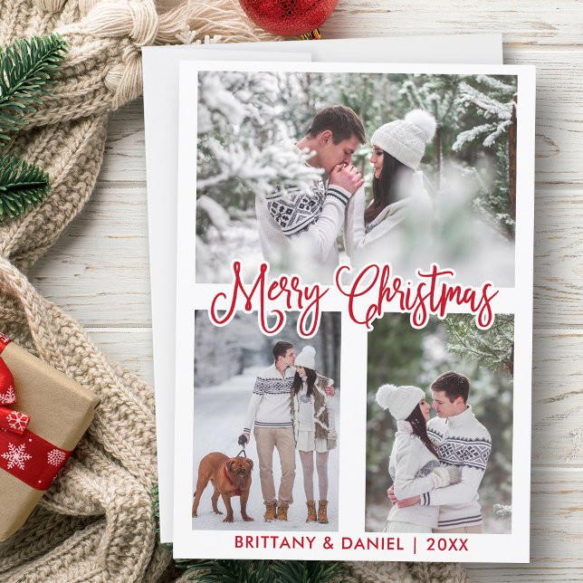 Fun Calligraphy Red 3 Photo Couple Christmas Holiday Card (Customize to add text to back of card.)