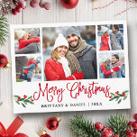 Fun Calligraphy Red Holly 5 Photo Couple Christmas Postcard<br><div class="desc">Modern Fun Calligraphy Script 5 Photo Couple Photo Collage Merry Christmas Postcard includes Watercolor Christmas Holly Berries - Red Script</div>