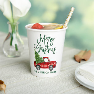 Fun Calligraphy Vintage Truck Green Christmas Paper Cups