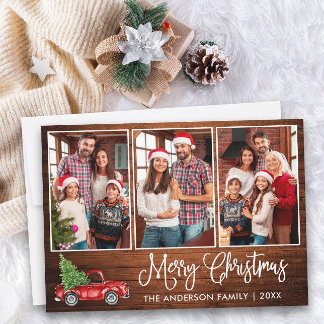 Fun Calligraphy Wood 3 Photo Christmas Red Truck Holiday Card (Customize to add text to back of card.)