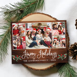 Fun Calligraphy Wood Holly 5 Photo Happy Holidays Postcard<br><div class="desc">Modern Fun Calligraphy Script 5 Photo Family Photo Collage Happy Holidays Postcard includes Watercolor Christmas Holly Berries - Rustic Country Wood</div>