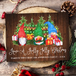 Fun Calligraphy Wood Holly Jolly Christmas Gnomes Postcard<br><div class="desc">Modern Fun Calligraphy Script Have a Holly Jolly Christmas Watercolor Gnomes Postcard with Pine Trees. Family Name and Year - Rustic Country Wood and colourful string lights.</div>