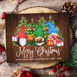 Fun Calligraphy Wood Merry Christmas Gnomes Postcard<br><div class="desc">Modern Fun Calligraphy Script Merry Christmas Watercolor Gnomes Postcard with Pine Trees. Family Name and Year - Rustic Country Wood and colourful string lights.</div>