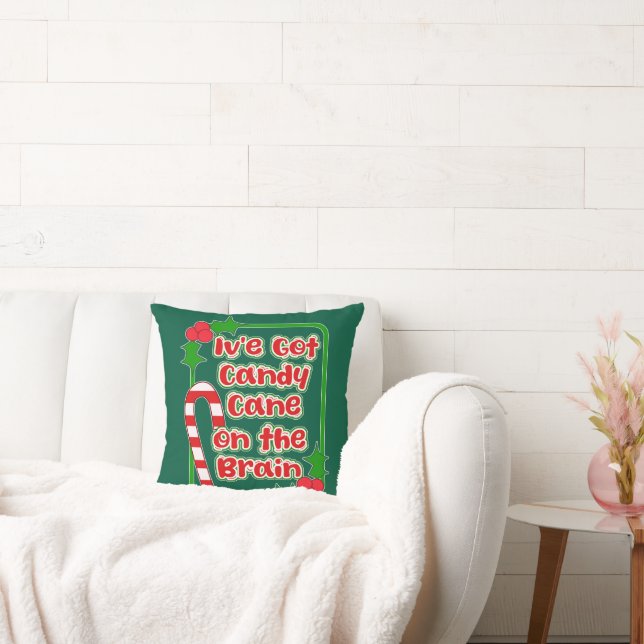 Fun Candy Cane on Brain Holiday Joy Motto Throw Pillow (Couch)