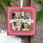 Fun Candy Christmas Crew Candy Cane 4 Photo Frame Metal Ornament<br><div class="desc">Fun and playful candy theme Christmas crew four photo keepsake ornament. Keepsake ornament can be customized with the year,  and four photos on the front and on the back. Fun candy cane frame with red ribbon and spiral red and green peppermint candy elements. Artwork by Moodthology Papery.</div>