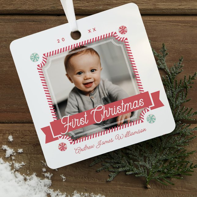 Fun Candy First Christmas Candy Cane Photo Frame Metal Ornament (Fun Candy First Christmas Candy Cane Photo Frame Metal Ornament)