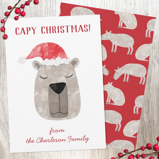 Fun Capybara Personalized Christmas Holiday Card (Fun capybara personalized Christmas holidays card with original watercolor art by Nic Squirrell. )