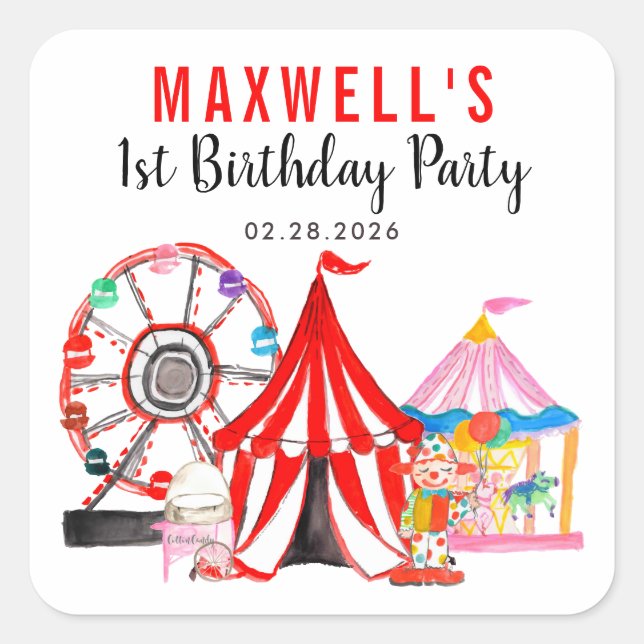 Fun Carnival Circus Festival Show Kids Birthday Square Sticker (Front)
